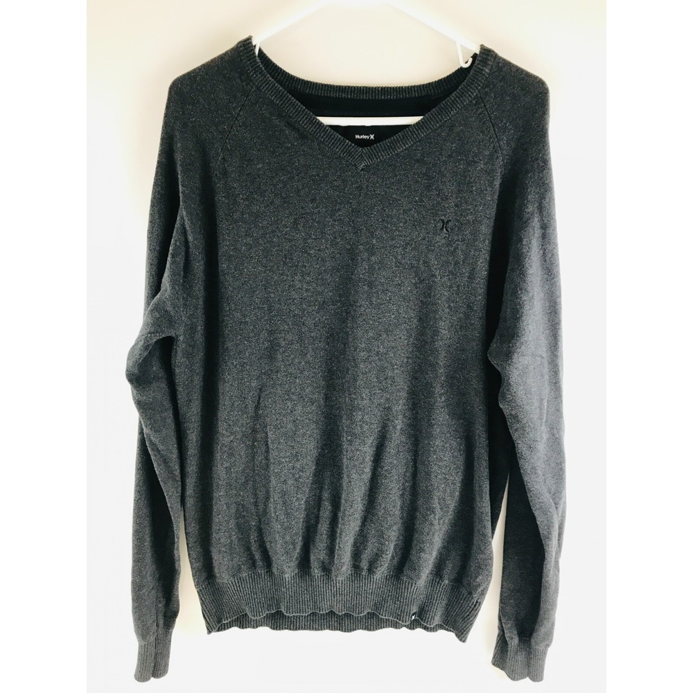 Hurley Sweater Men's Size Large Charcoal Gray Pullover V-Neck Logo Embroidered